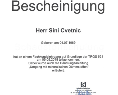 Sini Cvetnic, Teilnahme am Fachkundelehrgang zum Umgang mit mineralischen Dämmstoffen